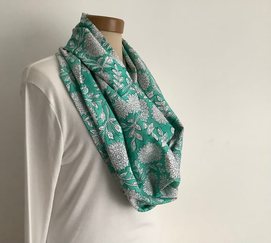 COTTON  lawn infinity scarf. ' Chrysanthemum'.  Jade.