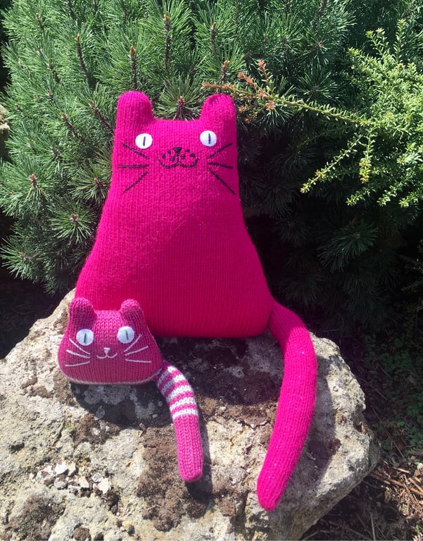 Mohair pink knitted cat cushion,  gift for  a cat lady