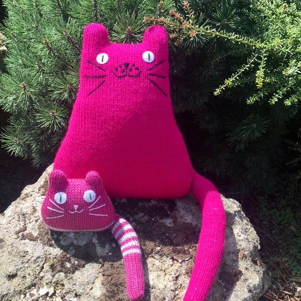 Mohair pink knitted cat cushion,  gift for  a cat lady