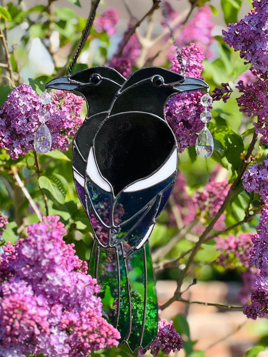 Stained Glass Magpies - iridescent leaded bird with antique crystal vintage