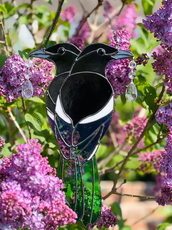 Stained Glass Magpies - iridescent leaded bird with antique crystal vintage