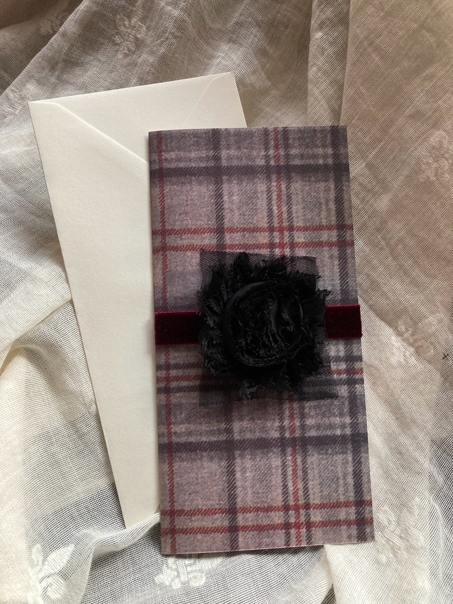 Grey and wine tartan card