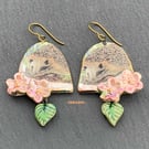 Large handcrafted ceramic floral hedgehog wildlife dangle earrings - FREE UK P&P