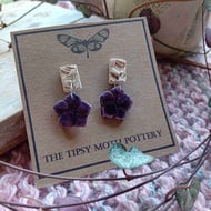 Purple flower and ivory combo rustic  porcelain clay earrings surgical steel 