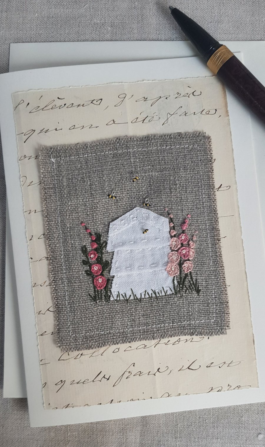 Hand embroidered blank greetings card