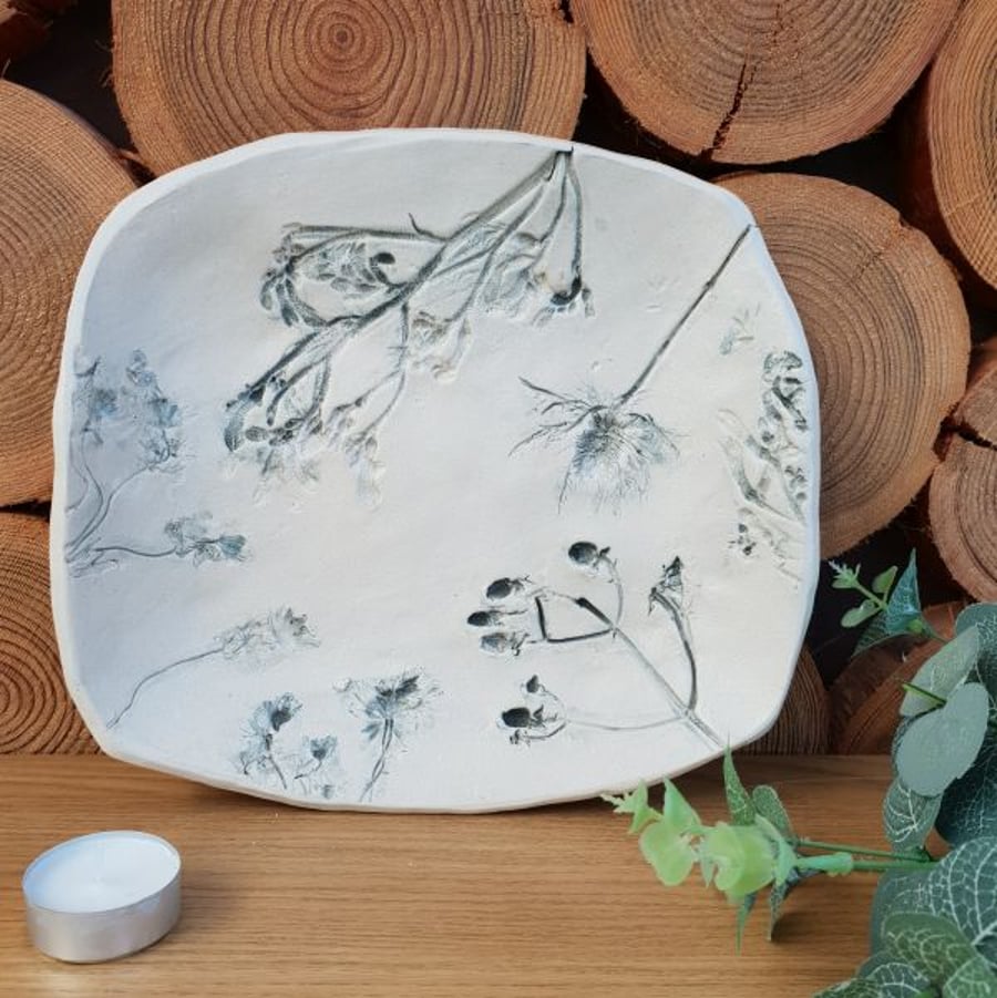 Large Grey Floral Ceramic Dish