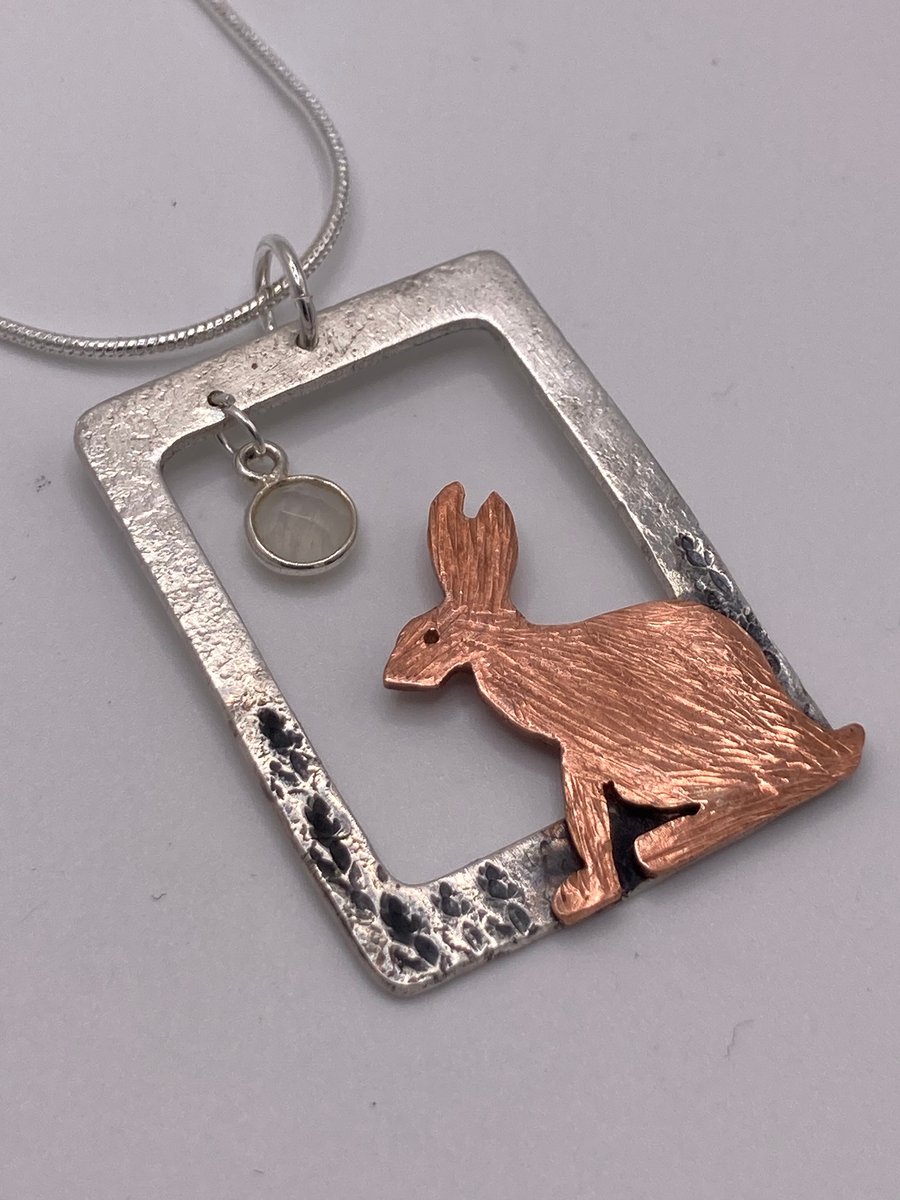 Handmade Fine Silver & Copper Hare and Moonstone gem Pendant Necklace