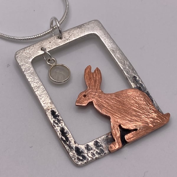 Handmade Fine Silver & Copper Hare and Moonstone gem Pendant Necklace