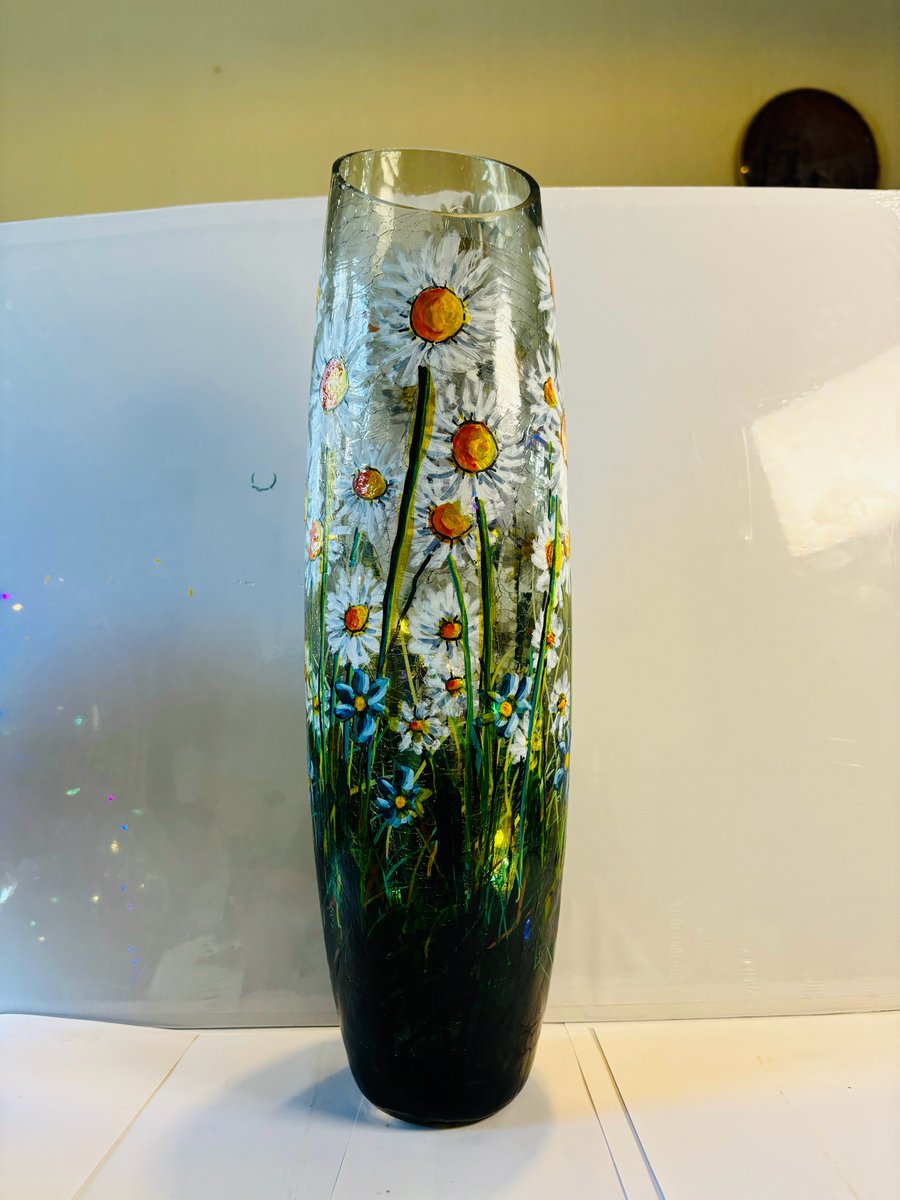 A hand painted and fired glass cylinder crackle vase by Andrew Jenkins 