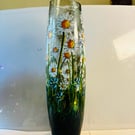 A hand painted and fired glass cylinder crackle vase by Andrew Jenkins 