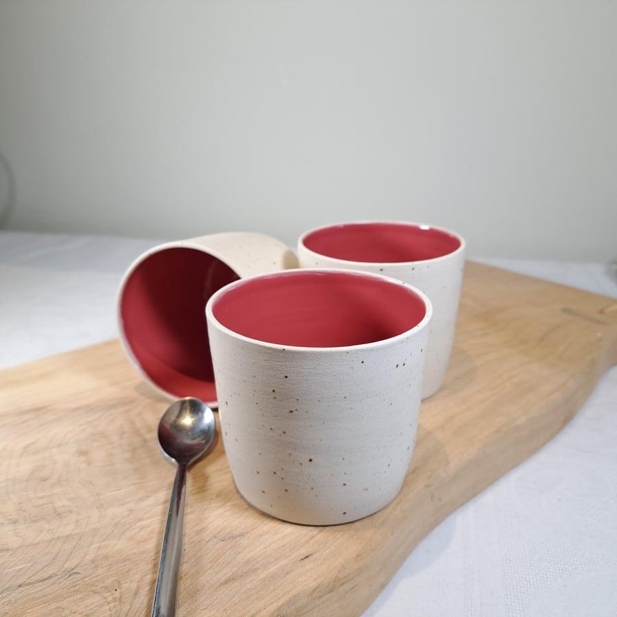 LARGE CERAMIC TEA TUMBLER - glazed in raspberry and cream glazes
