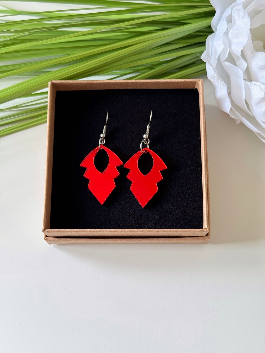 Bold Red Mirrored Acrylic Earrings – Geometric Statement Dangles