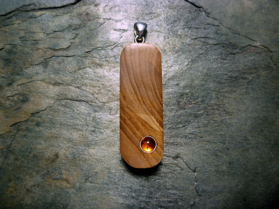 Amber and Wood Pendant, olive ash, silver