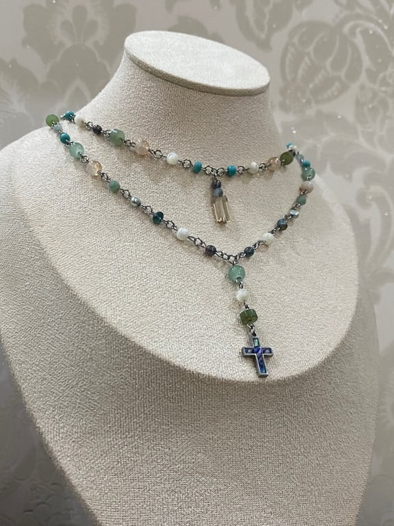 Jeanette - Abalone Cross Rosary Style Choker