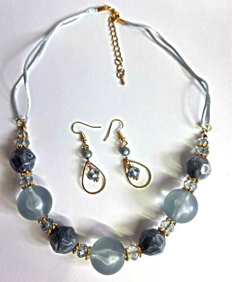 Blue Glass And Crystal Bead Necklace And Earrings
