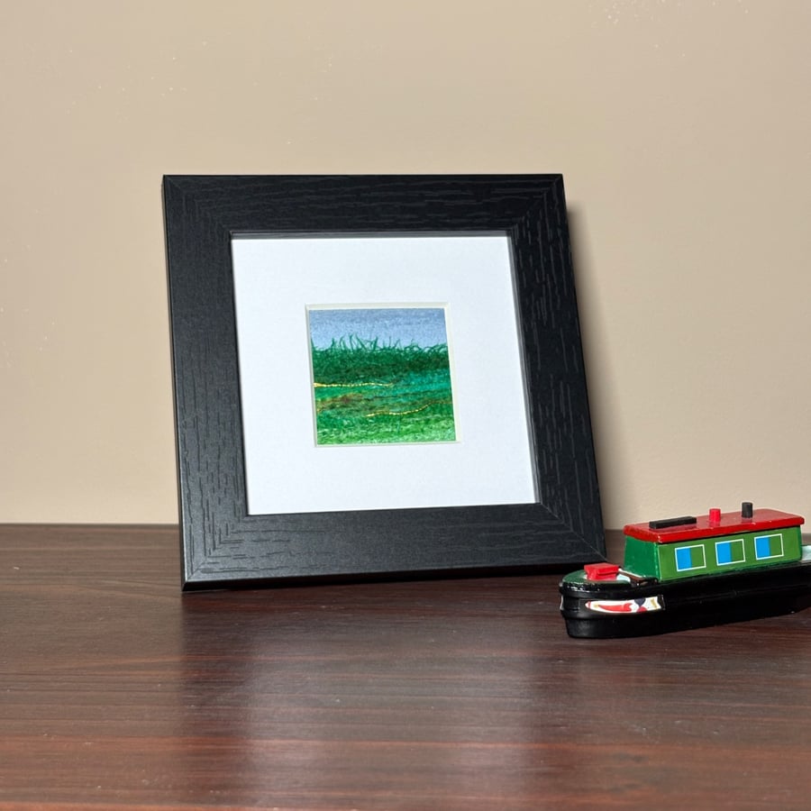 Needle felted wool & textile art, 4"x4" framed picture, field with gold (2)