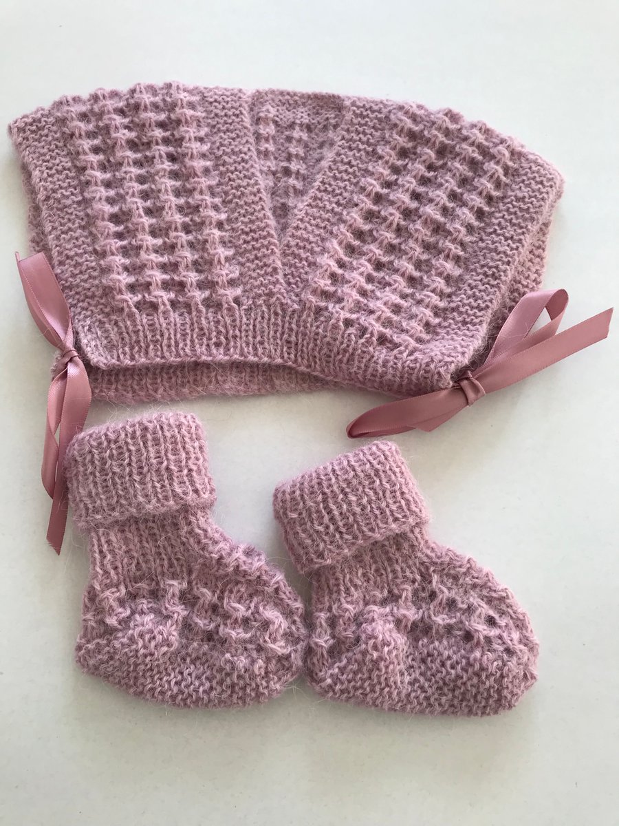 Hand knitted baby top and bootees