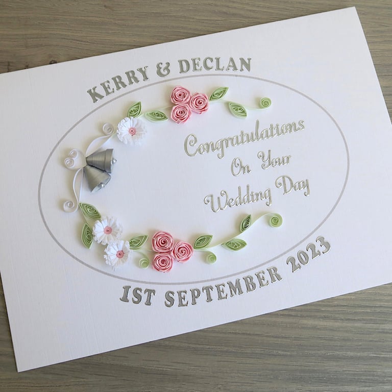 Wedding day congratulations card - personalised and handmade, with paper quillin