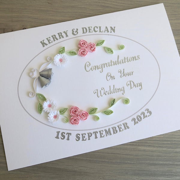 Wedding day congratulations card - personalised and handmade, with paper quillin