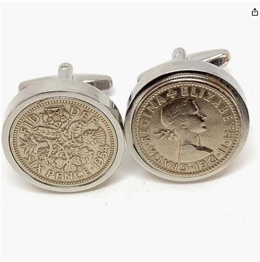 Luxury 1954 Sixpence Cufflinks for a 70th birthday. Original British sixpences 