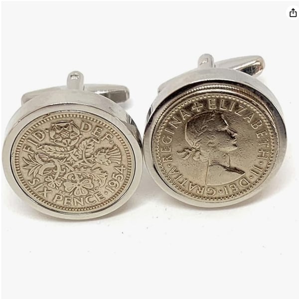 Luxury 1954 Sixpence Cufflinks for a 70th birthday. Original British sixpences 