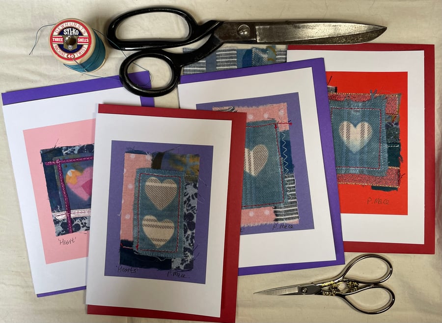 Handcrafted sewn & dyed textile heart greeting cards. Cards are NOT PRINTED