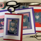 Handcrafted sewn & dyed textile heart greeting cards. Cards are NOT PRINTED
