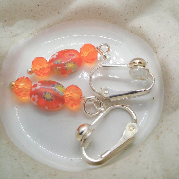 Orange Millefiori Bead and Orange Crystal Rondelle Bead Clip On Earrings