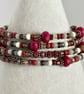 Deep red handmade Czech glass memory wire wrap bracelet with leaf charms - Image 4