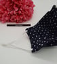 Face mask, small, nose wire,3 layer,  adjustable, washable in navy polkadot   - Image 9