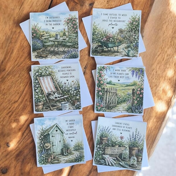 Humorous Garden Themed Greeting Card Set - Pack of 6 Blank Square Cards