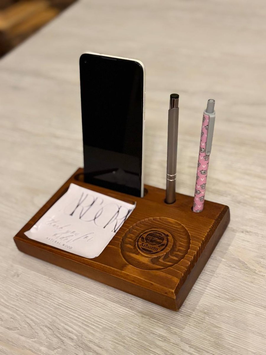 Handmade Wooden Desk Organiser - Phone Stand, Pen Holder & Notepad Tray