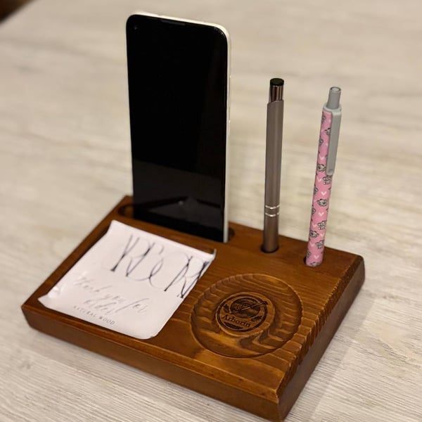 Handmade Wooden Desk Organiser - Phone Stand, Pen Holder & Notepad Tray