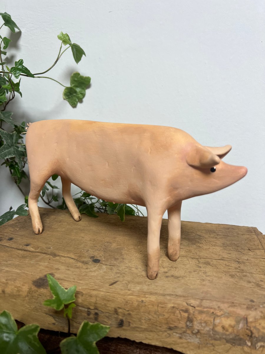 British Large White Sow Pig Sculpture Handmade 14cm