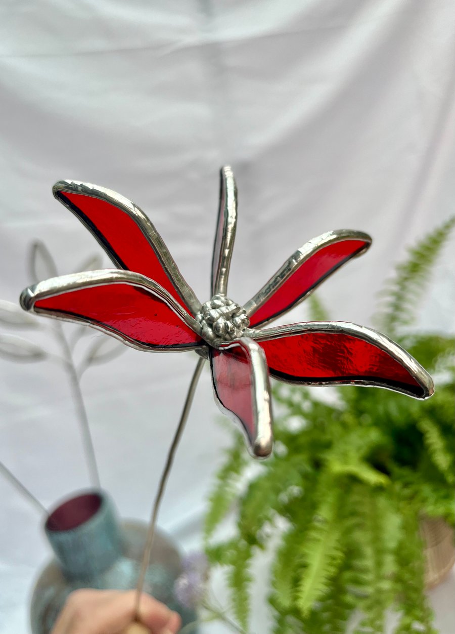 Stained Glass Flower - Handmade 3D Red Clematis - Silver Finish