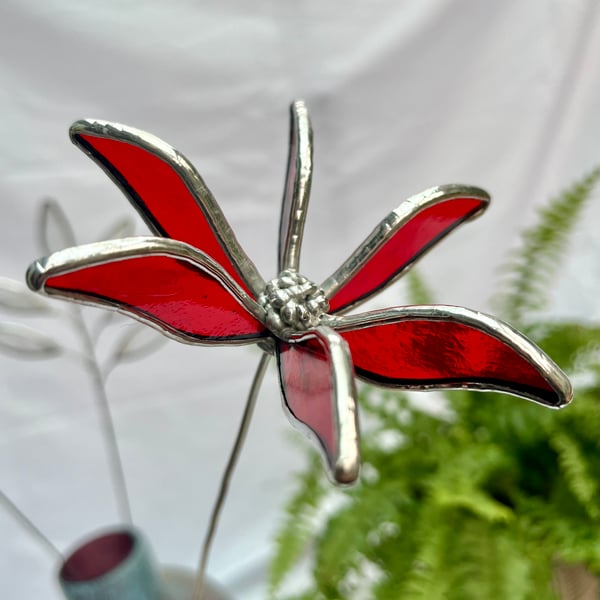 Stained Glass Flower - Handmade 3D Red Clematis - Silver Finish