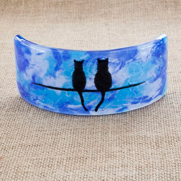 Blue Cat Silhouette Freestanding Fused Glass Picture Ornament