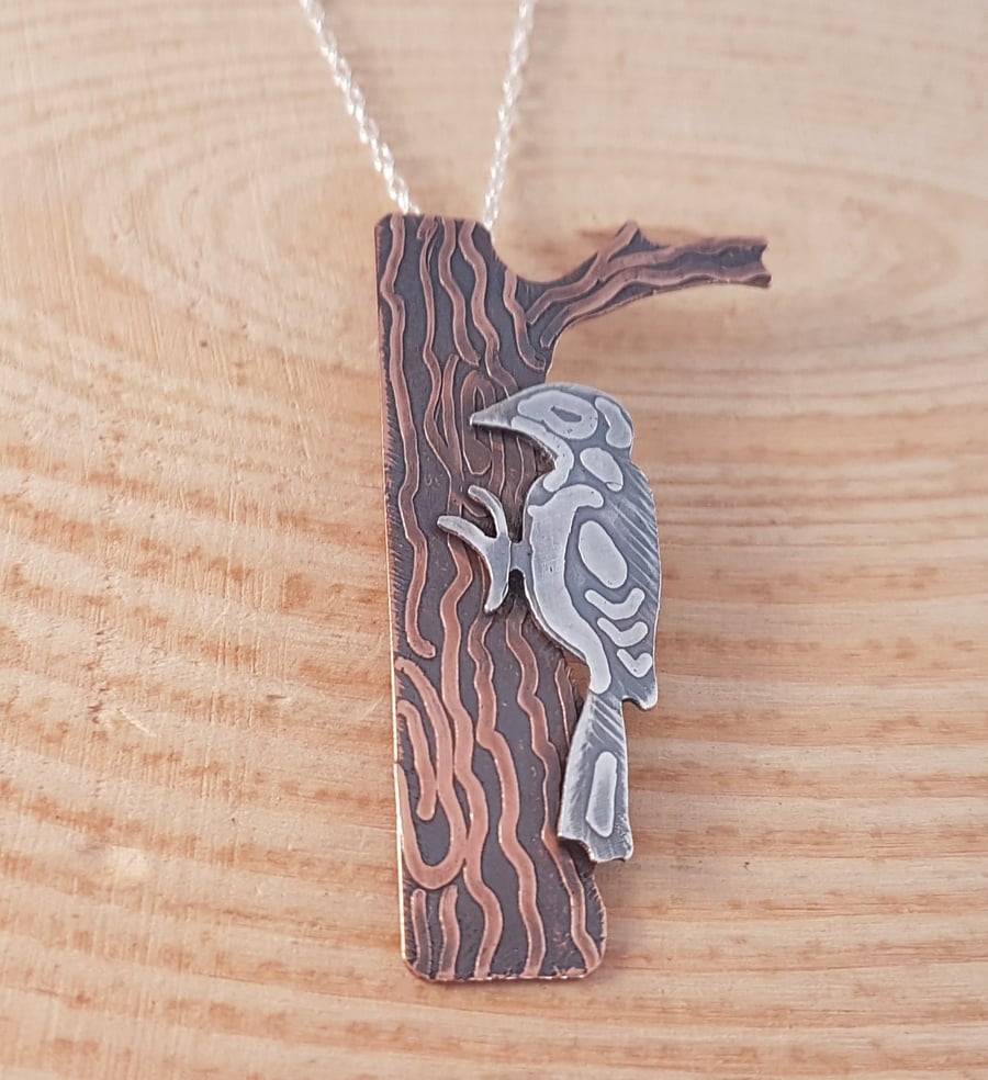 Sterling Silver and Copper Etched Woodpecker and Tree Necklace