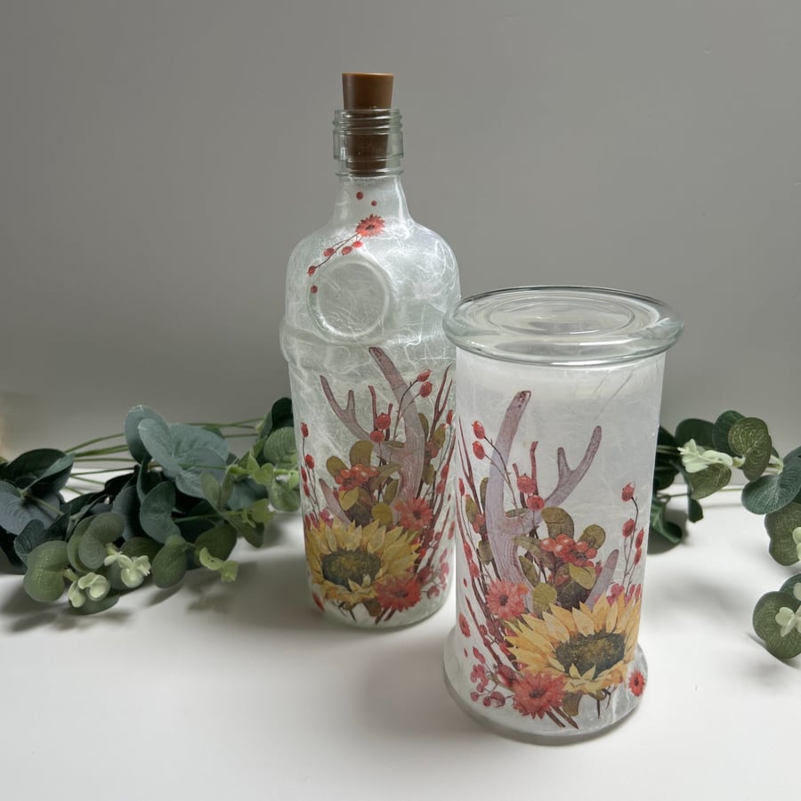 Decoupage Upcycled Glass Bottle Light & Candle Jar Set - Autumnal Sunflower