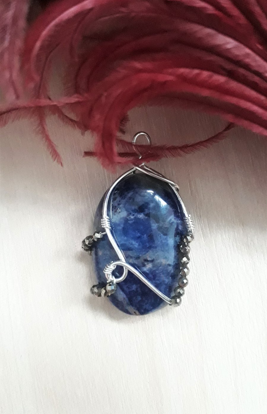 Blue Sodalite Pendant Wire Wrapped in Sterling Silver with Pyrites Beads