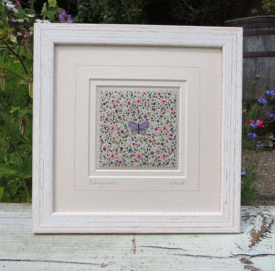 Butterfly Garden hand-stitched embroidery inspired by nature, intricate,detailed