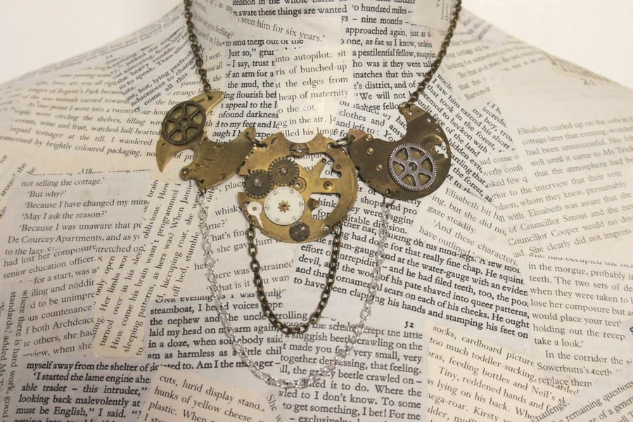 Upcycled Repurposed Steampunk Vintage Watch Part Statement Antique Gold Necklace