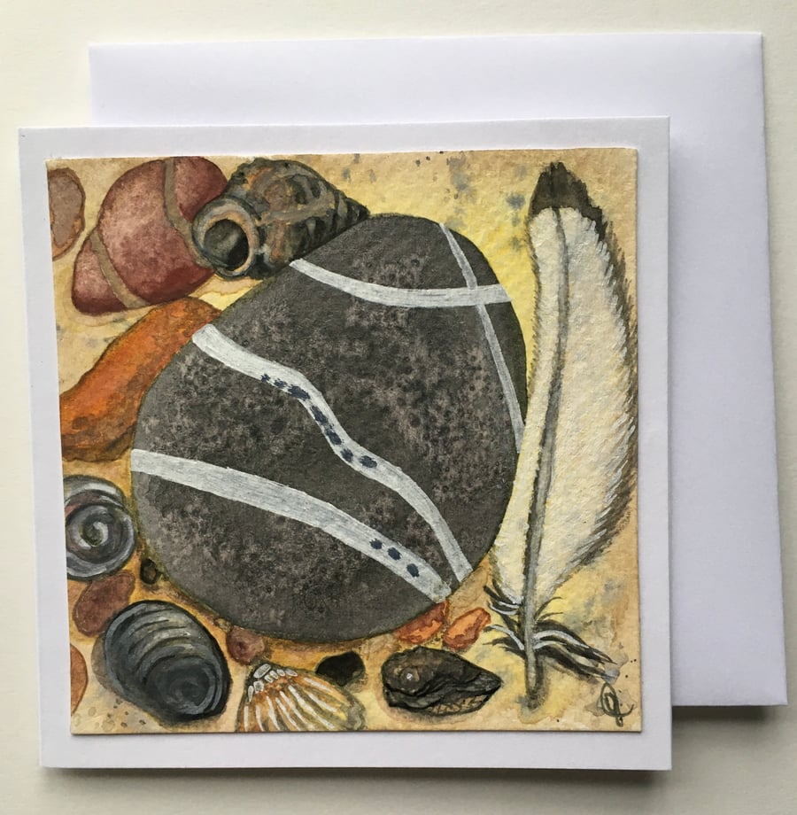 Hand painted beach finds card grey pebble