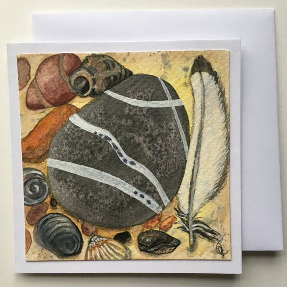 Hand painted beach finds card grey pebble