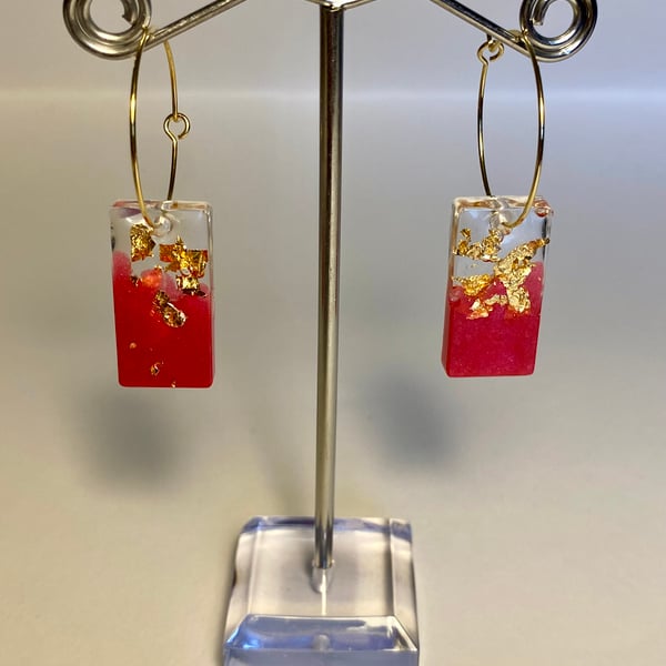 Handmade hot pink resin and gold flake rectangle hoop earrings