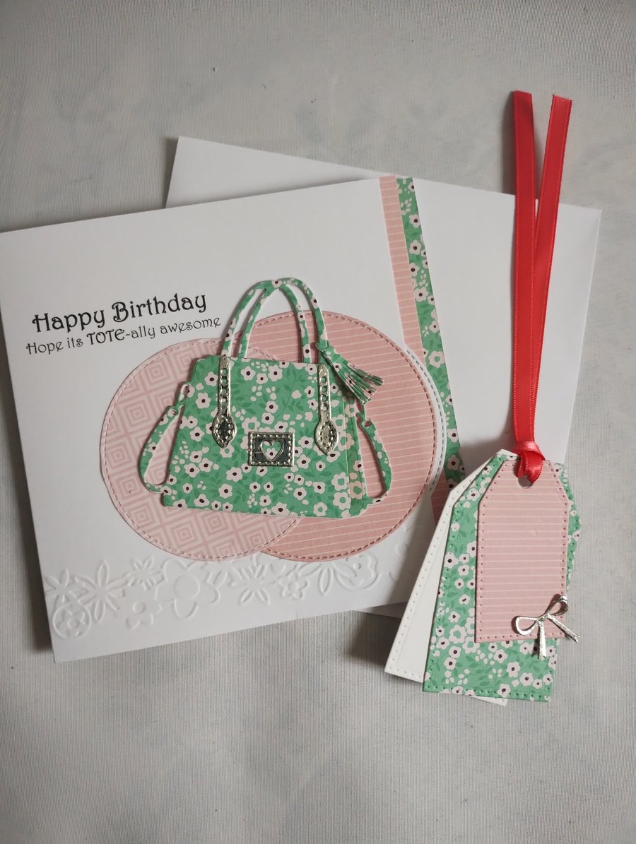 Tote-ally Awesome Birthday Card & matching Gift Tag -  Green Flowery Handbag