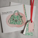 Tote-ally Awesome Birthday Card & matching Gift Tag -  Green Flowery Handbag