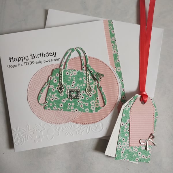 Tote-ally Awesome Birthday Card & matching Gift Tag -  Green Flowery Handbag