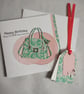 Tote-ally Awesome Birthday Card & matching Gift Tag -  Green Flowery Handbag - Image 1