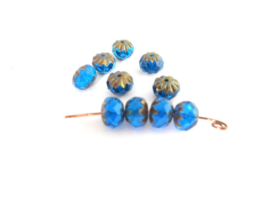 10 9x6mm Capri Blue Cruller Beads